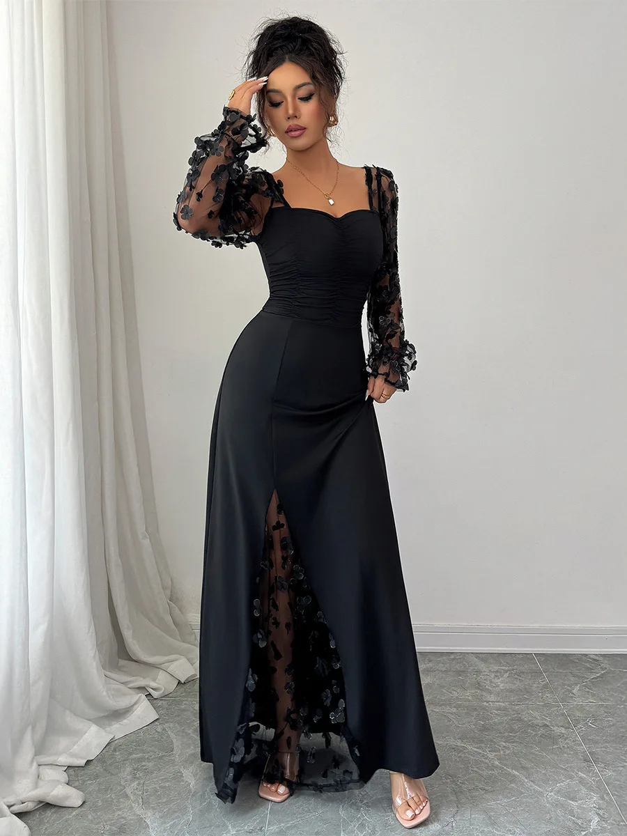 Ele Long Sve Long Dr Women's Faion Bla Lace Slim Fit Evening Gown Square Collar Wedding Par Performance