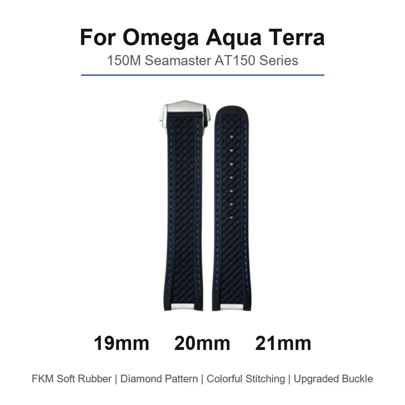For Omega Aqua Terra 150M Seamaster 19mm 20mm 21mm Soft Rubber Watch Band Diamond Pattern Colorful Stitching Upgraded Buckle