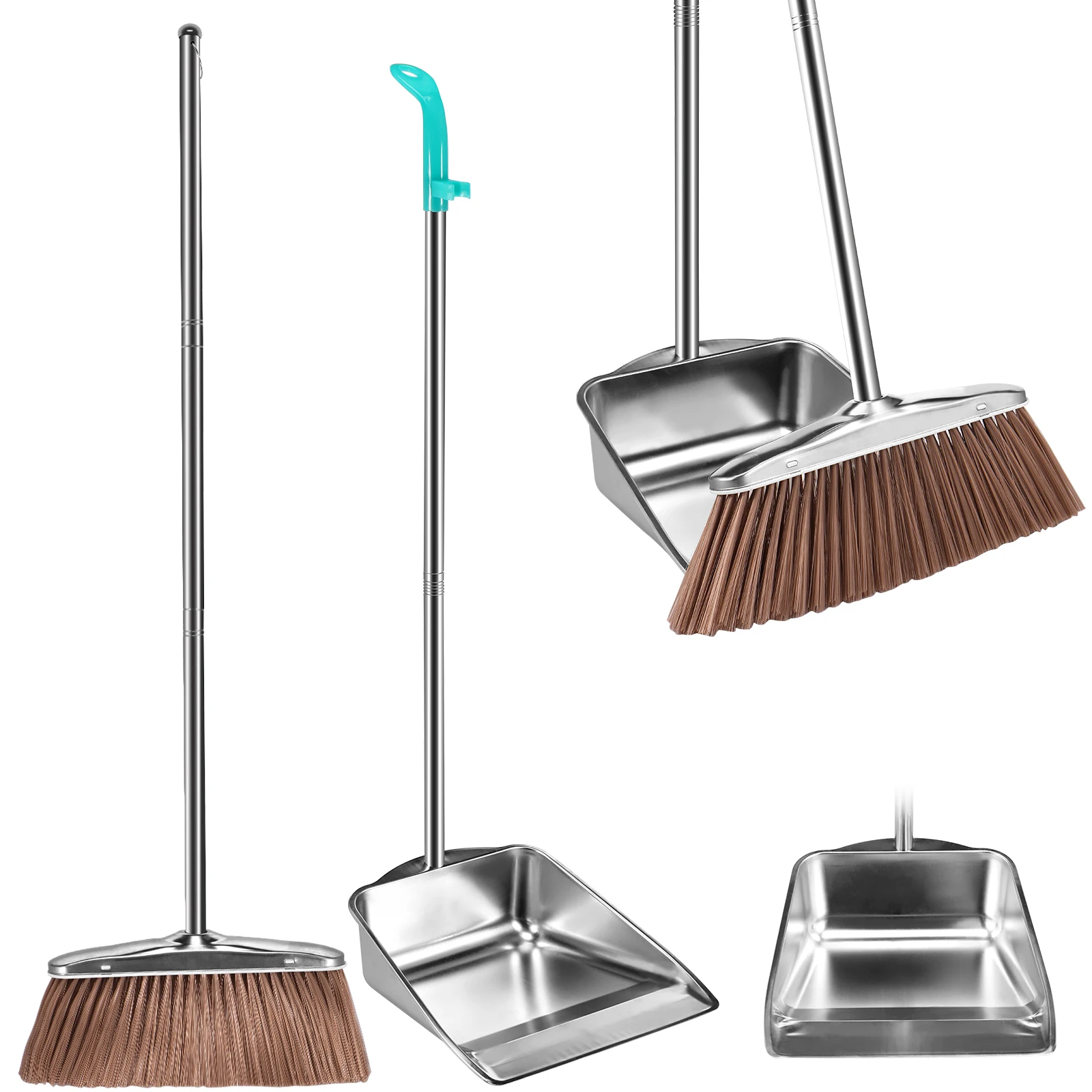 Broom and Dustpan Set with Long Handle Heavy Duty Stainless Steel Dustpan with Broom Space Saving Broom Dustpan Combo Sweeper