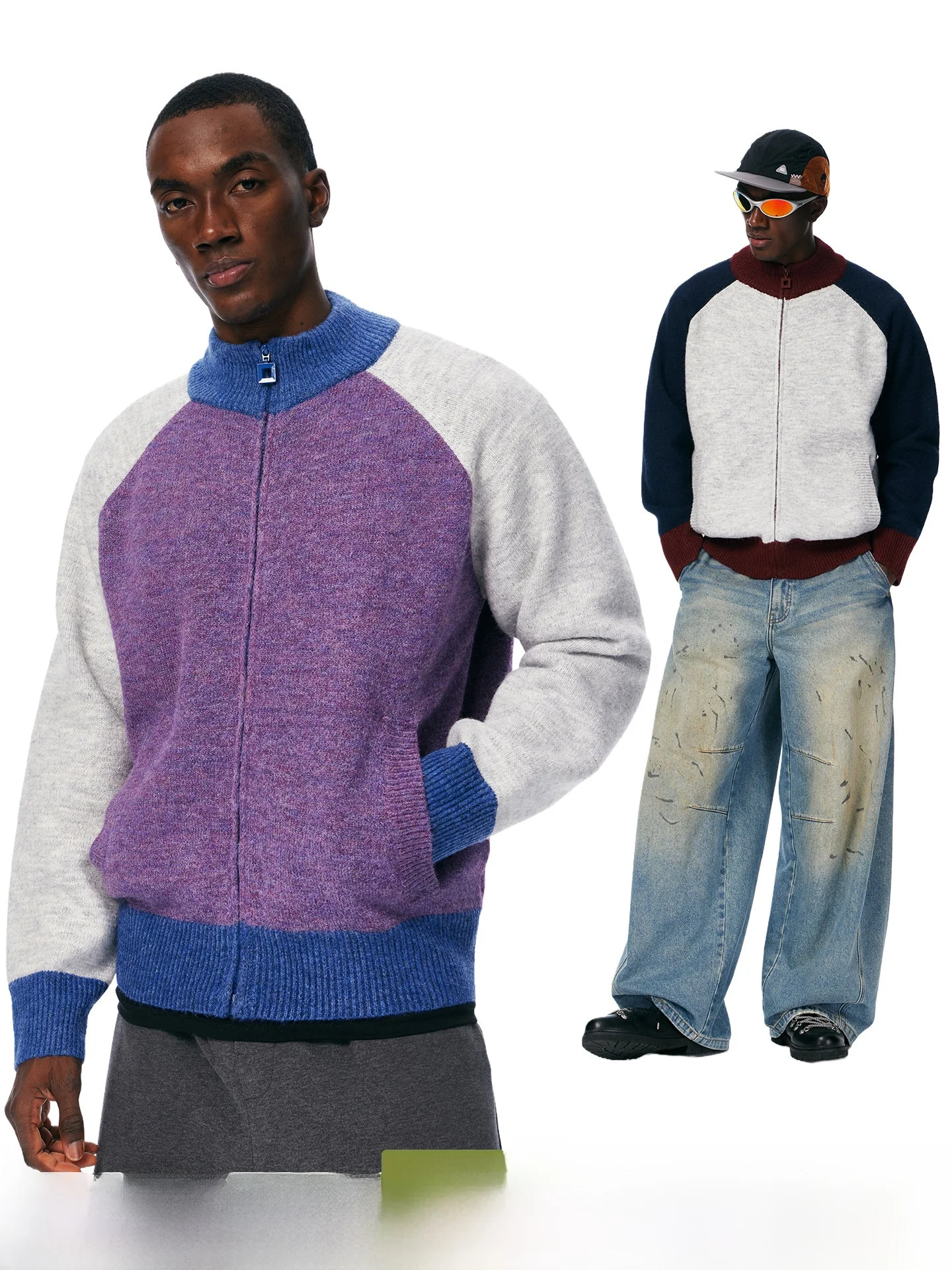 ARTANNIE American Splice Color Contrast Stand Collar Knitted Sweater Men's Autumn Winter Outdoor Sports Open Cardigan Jacket