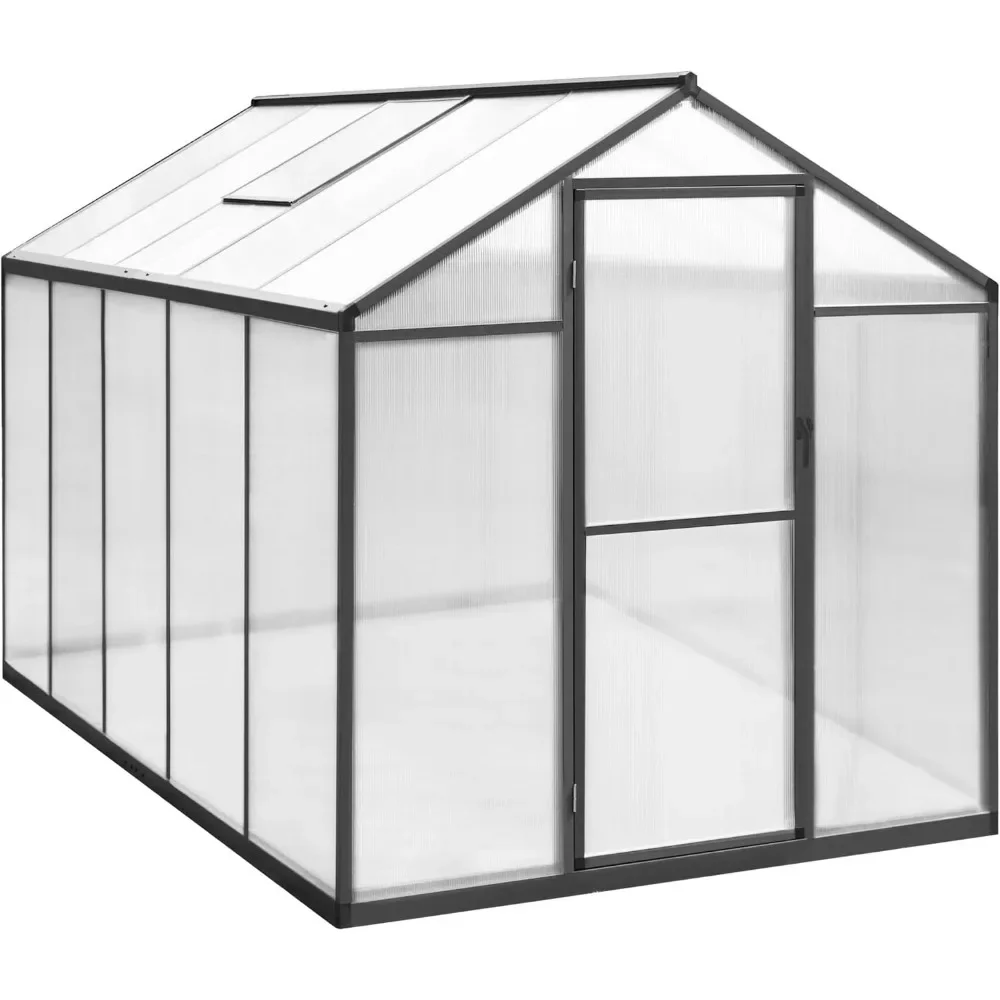 6x10 ft Outdoor Polycarbonate Greenhouse Kit with Aluminum Frame, Walk-in Garden Green House with Sliding Lockable Door