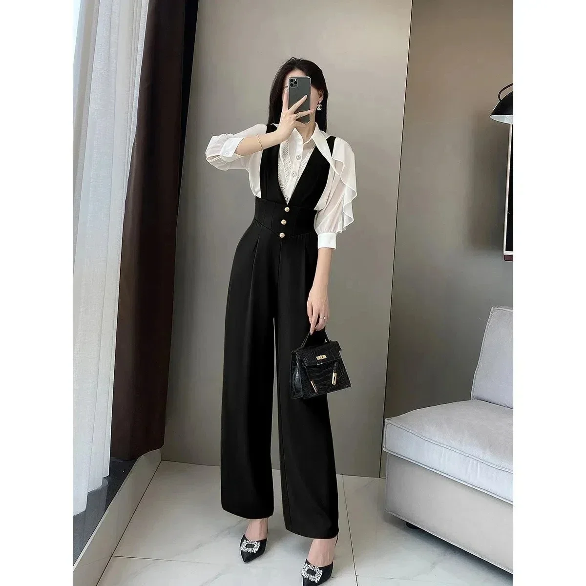 Women\'s Strap Overalls 2024 Autumn Clothing High Skinny High Waist Suit Wide Leg Pants Black Jumpsuit Work Jump Suits for Women