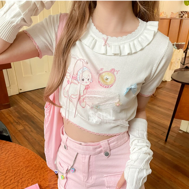 

Japanese Sweet Lolita Style Knitted Sweaters Women Sweet Ruffles O Neck Bow Pullover Cute Detachable Long Sleeves Knitwear Tops