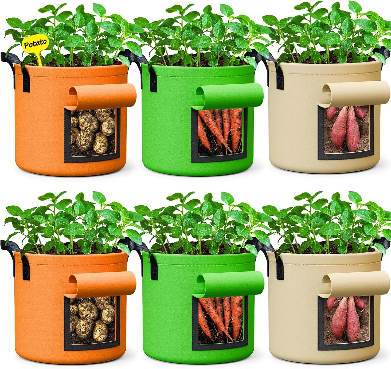 

6 Pack 10 Gallon Potato Grow Bags, Heavy Duty Thick Nonwoven Fabric Pots with Handles and Flap for Vegetables