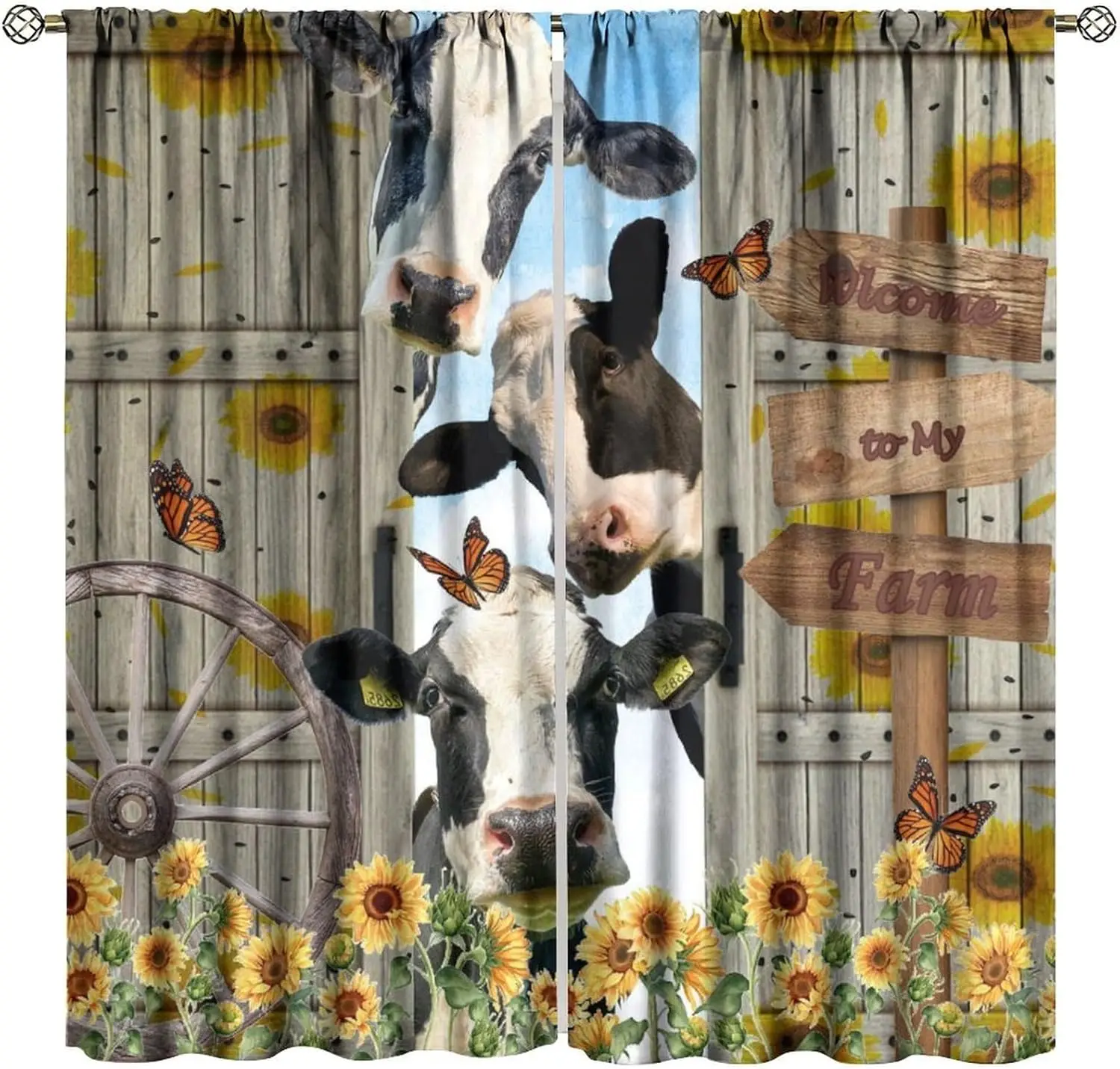 Farmhouse Cow Curtain Funny Animal Butterfly Sunflower Cow Curtains for Western Barn Door Printed Rod Pocket Window Treatments
