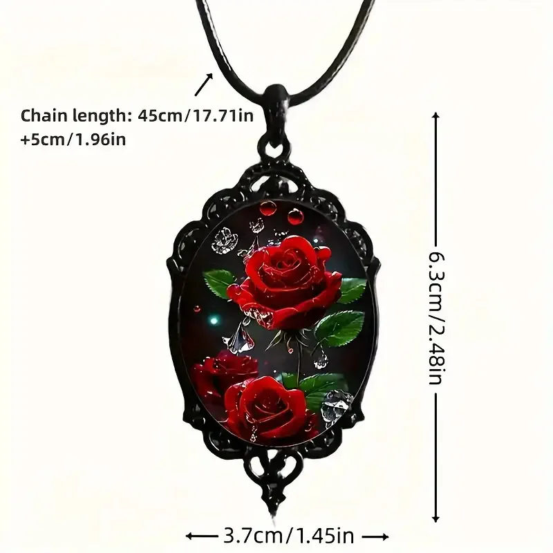 Cross Border New Product Flower Pattern Black Frame Glass Pendant Chain Necklace, Romantic Gift