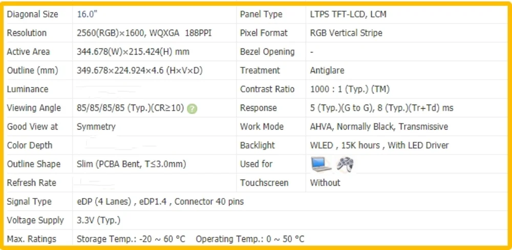 B160QAN02.Q QHD 2560x1600 16 inch No-touch Display IPS LCD Screen Panel EDP 40pins