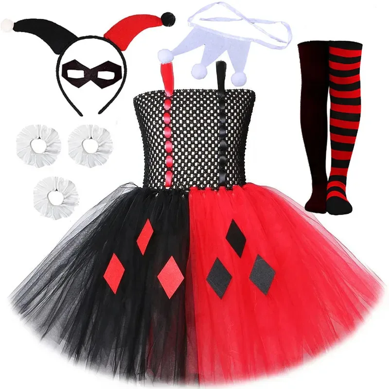 

Red Black Circus Clown Tutu Dress for Girls Halloween Carnival Costumes for Kids Joker Fancy Outfit Children New Years Clothes