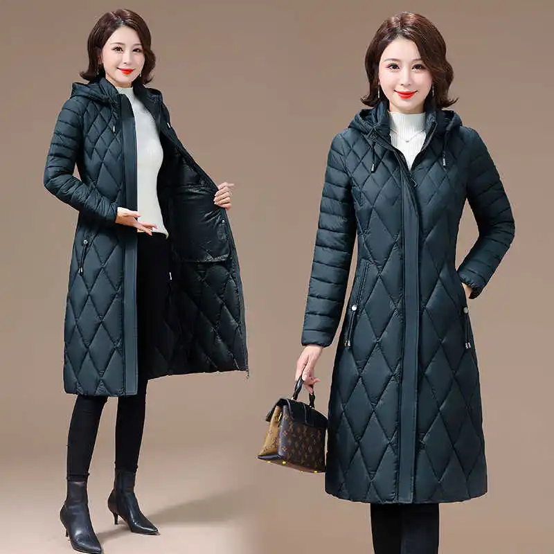 

Detachable Hat down Cotton Jaet Women Long over Knee Midlife Mom Slimming Cotton Coat Sli Quilted Outerwear