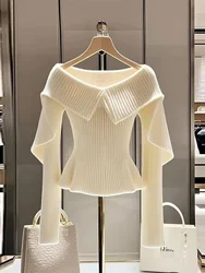 Off-white Lapel Straight-shoulder Waist Sweater Knit Sweater Women's Autumn Winter 2024 New Sweet Top