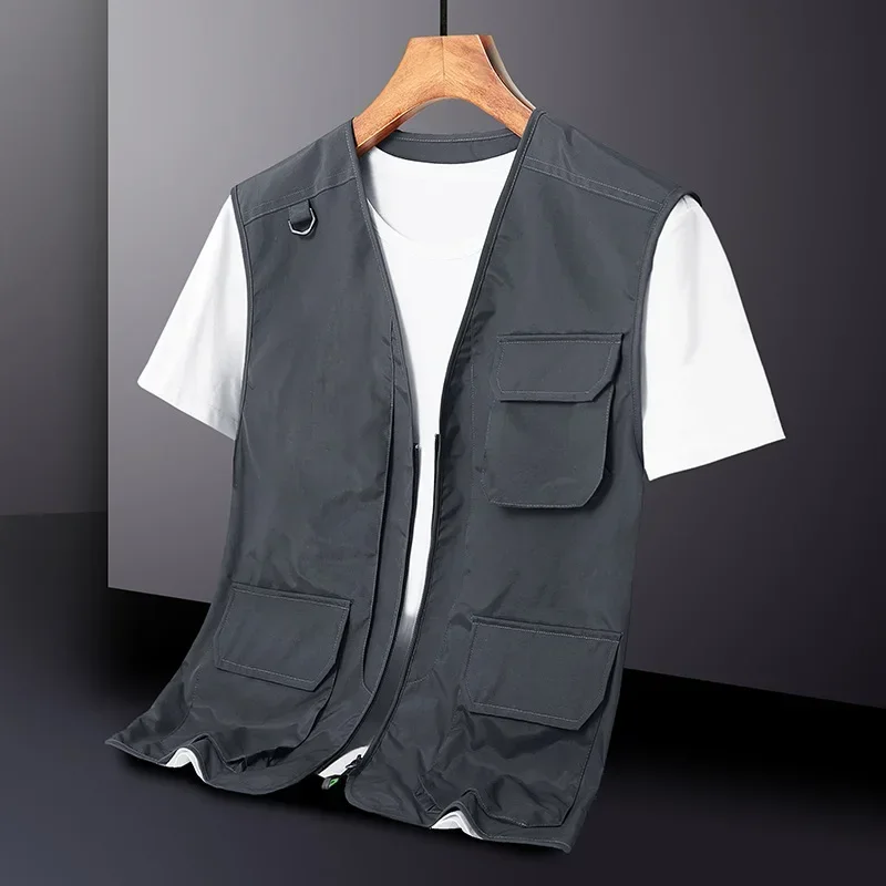 Camisola exterior casual masculina maidangdi com vários bolsos, colete de grandes dimensões solto, pesca sazonal, secagem rápida