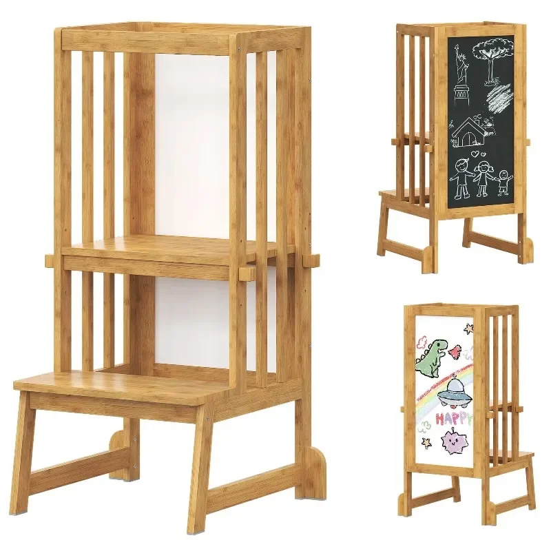 Wooden baby with blackboard learning tower household children's hand washing step stool foldable baby height increasing stool