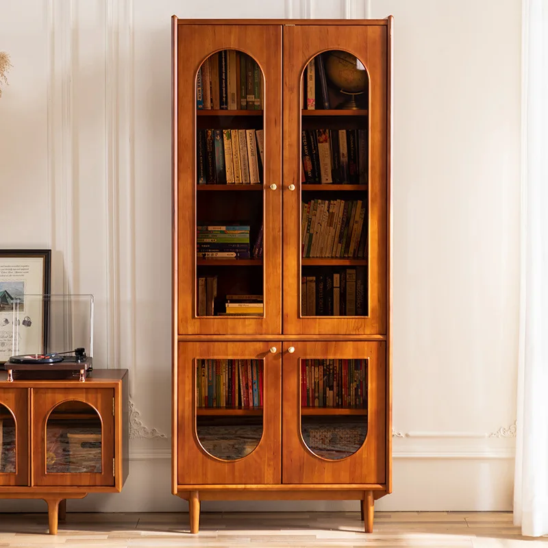 

Nordic solid wood bookcase living room, glass double-door wine cabinet storage display cabinet study retro wall storage side cab