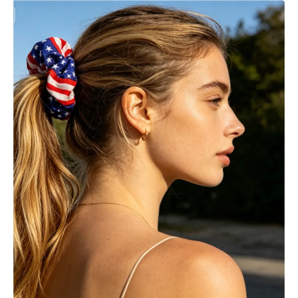 PESENAR American Flag Satin Scrunchie, Star-Spangled Print Hair Tie, Patriotic Independence Day Hair Accessory
