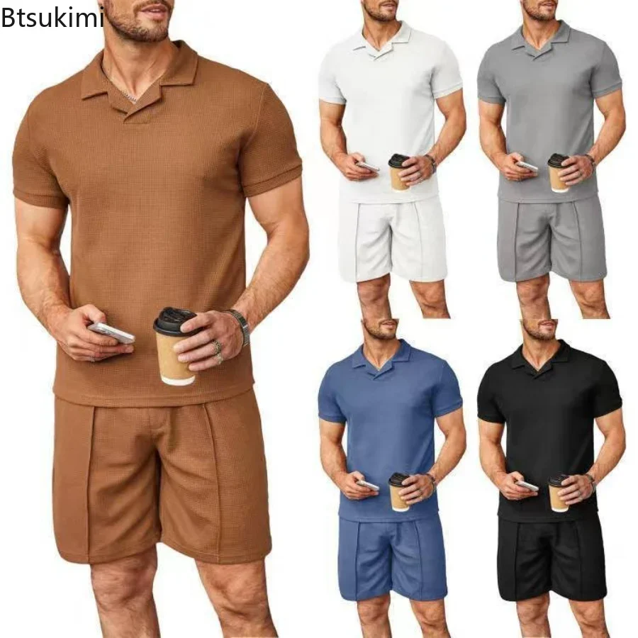 

2024 Men's Summer Casual Short Sleeve Shirts and Shorts Sets Waffle V-neck Polo Shirt Lapel Cool 2PCS Sets Male Solid Suit Sets