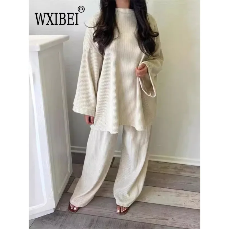 Autumn Winter Solid Color Corduroy Pants Sets Women Loose Long Sleeve Wide Legs Trousers Two Piece Set Female Commuting Clothing