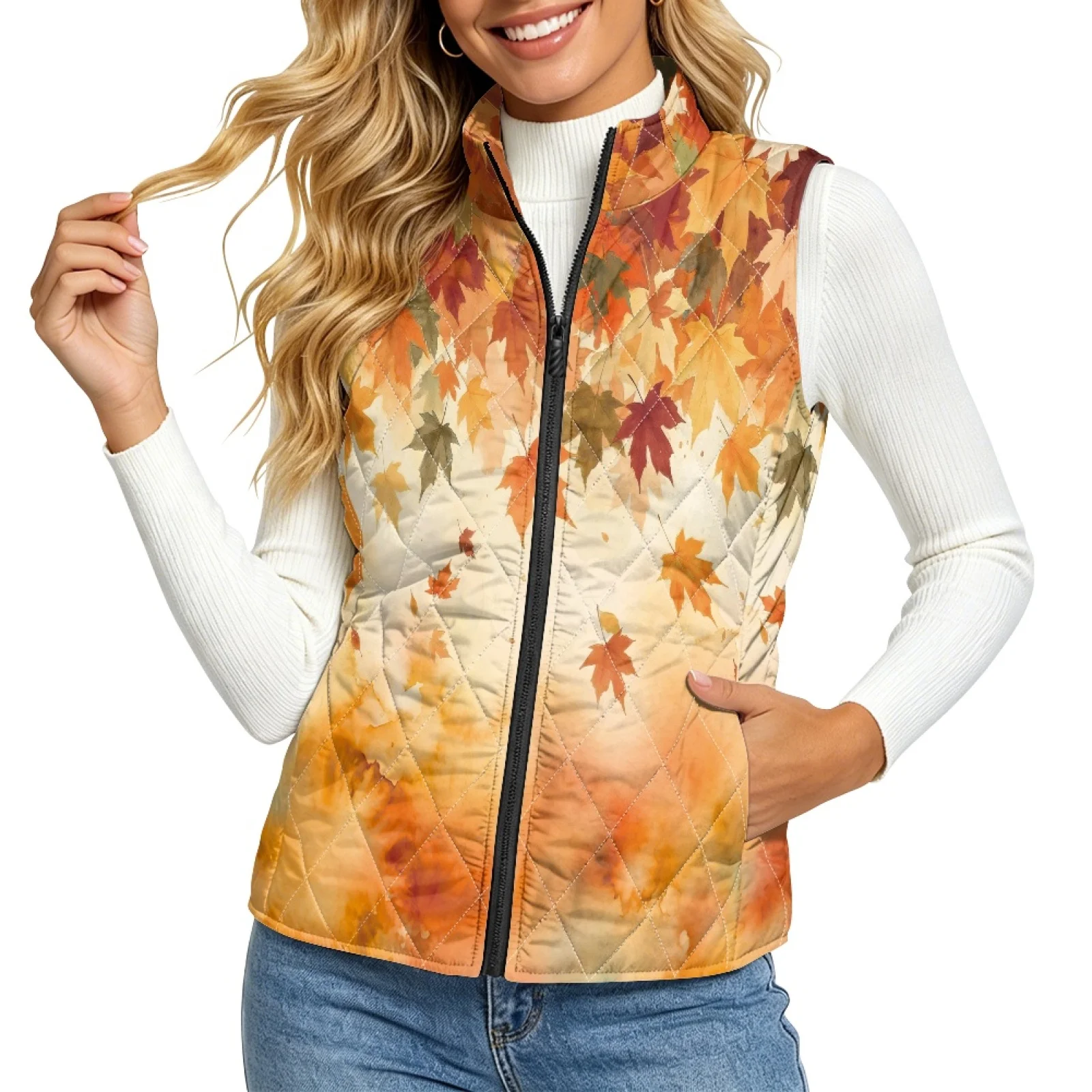 PENSTROLL Maple Leaf Autumn Quilted Jacket Vest Lightweight Sleeveless Coats Stand Collar Quilted Bodywarmer for Winter Travel