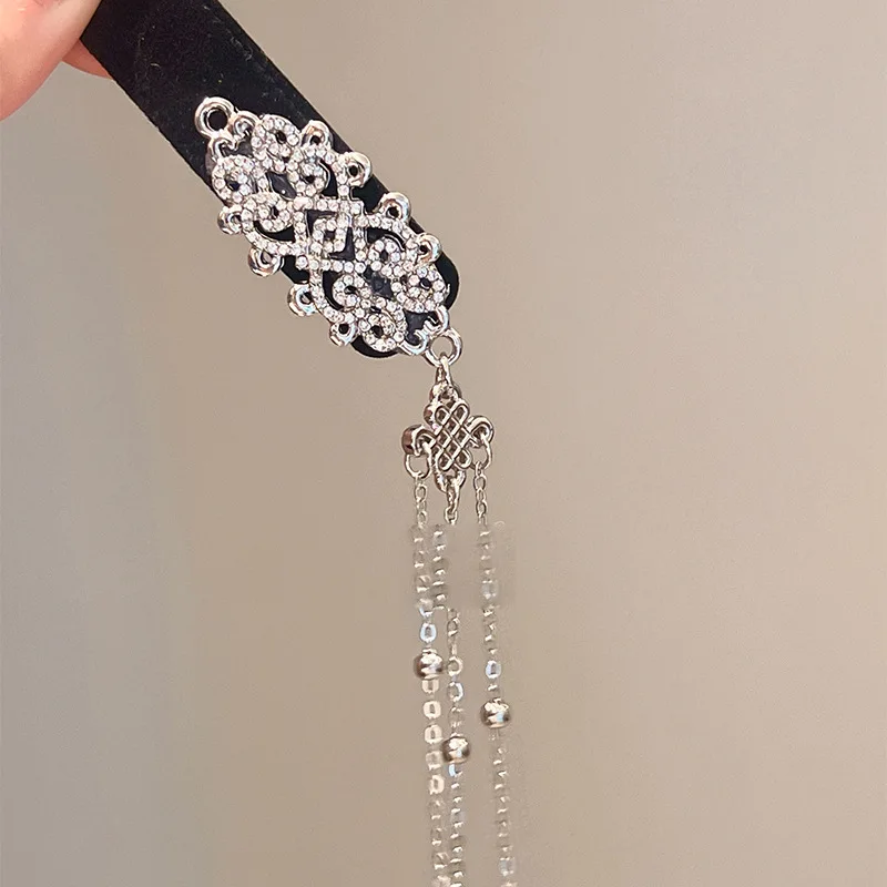 Neo Chinese Style Flocking Chinese Knot Rhinestones Imitation Pearl Water Drop Long Chains Retro Fringe Magnificent Hair Clips
