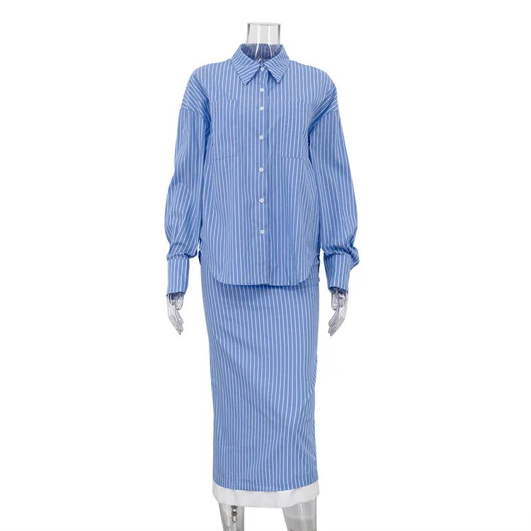 

2025 Fashion Blue Stripe Woman Set Elegant Lapel Long Sleeve Shirt With High Waist Midi Skirt 2 Piece Set Female Outfit