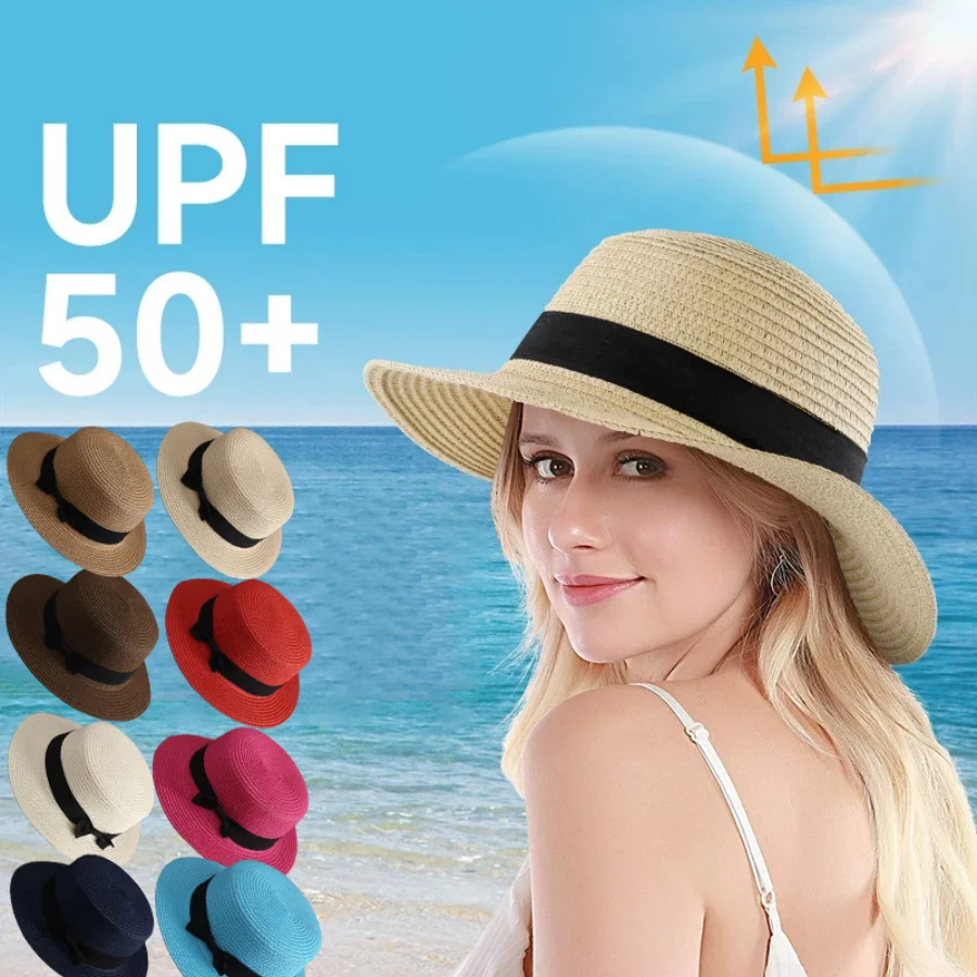 1 pc Panama Simple Summer Beach Hat Female Casual Lady Women Flat Brim Bowknot Straw Cap Girls Sun Hat Chapeu Feminino