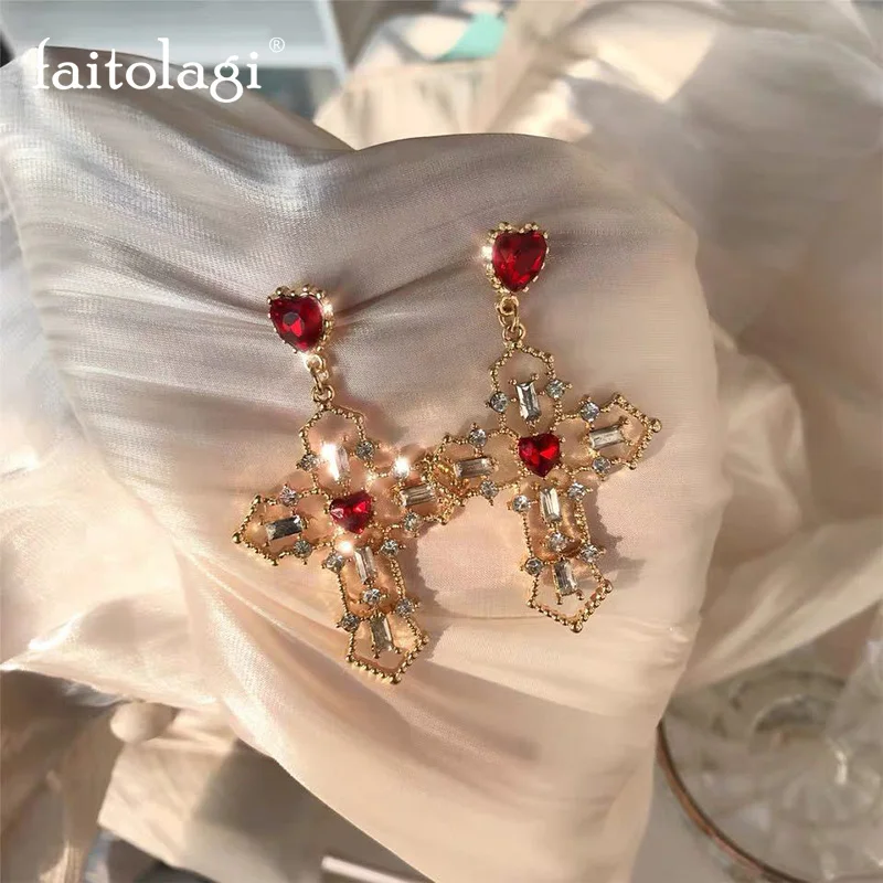 2024 New Retro Design Red Heart Crystal Earrings Gold Color Cross Zirocn Earrings for Women Gothic Big Cross Earrings Jewelry