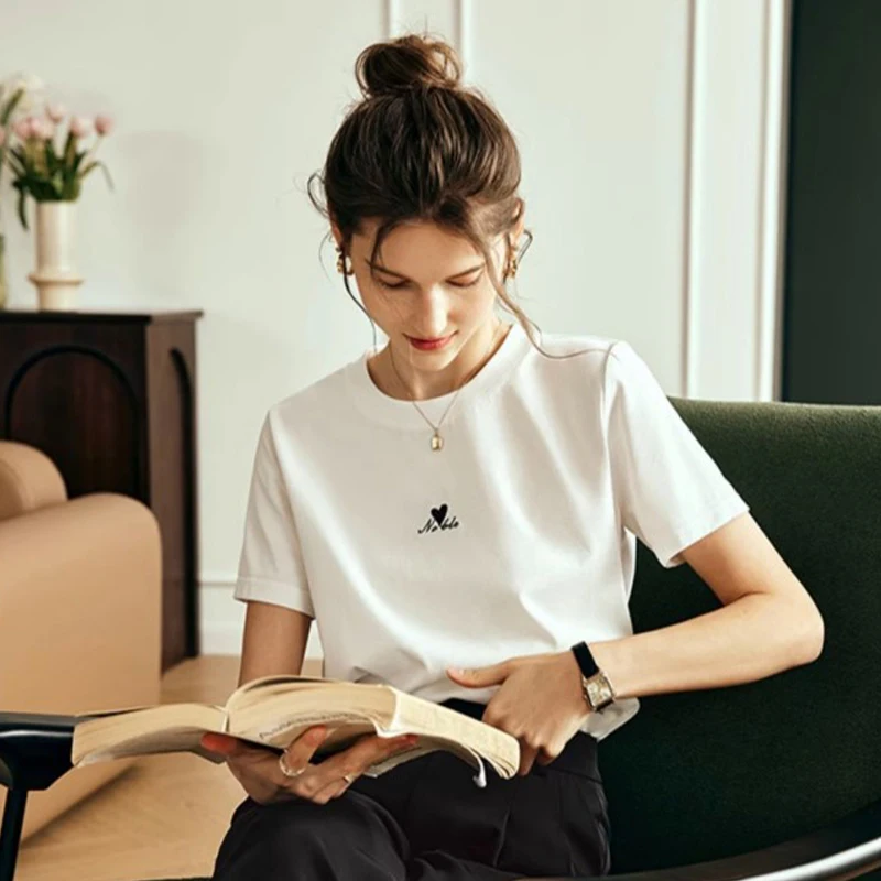OLrain Simple Knitted T-shirt Women 2026 Spring Summer Basic Straight Embroidery Short Sleeve Crewneck Tees Lady O23XT83019