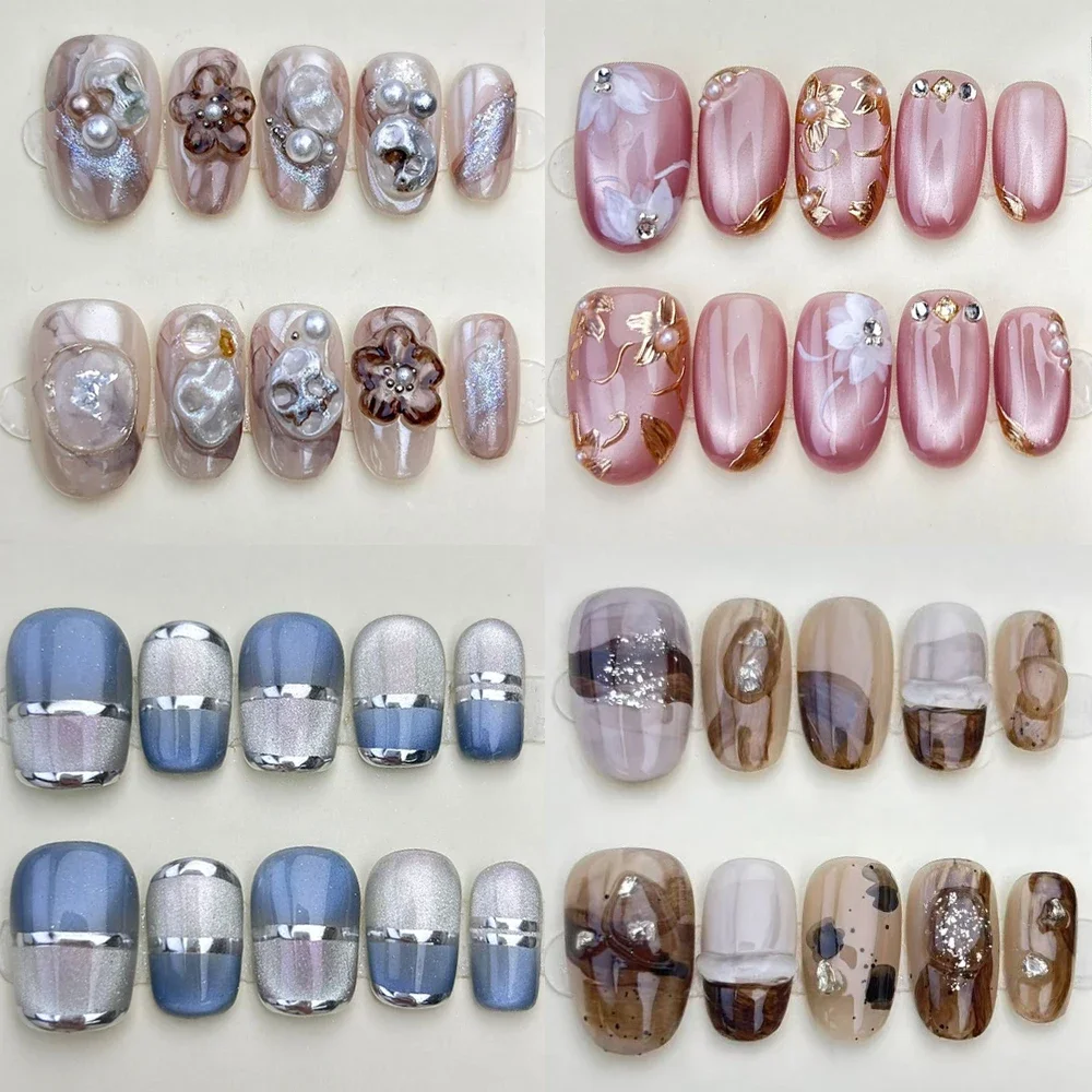 

10Pcs Kawaii Cat Eyes Flowers Pearl Handmade Short Square Ellipse Full Cover Nails Flash Powder Sequins Diamond Press On Nails