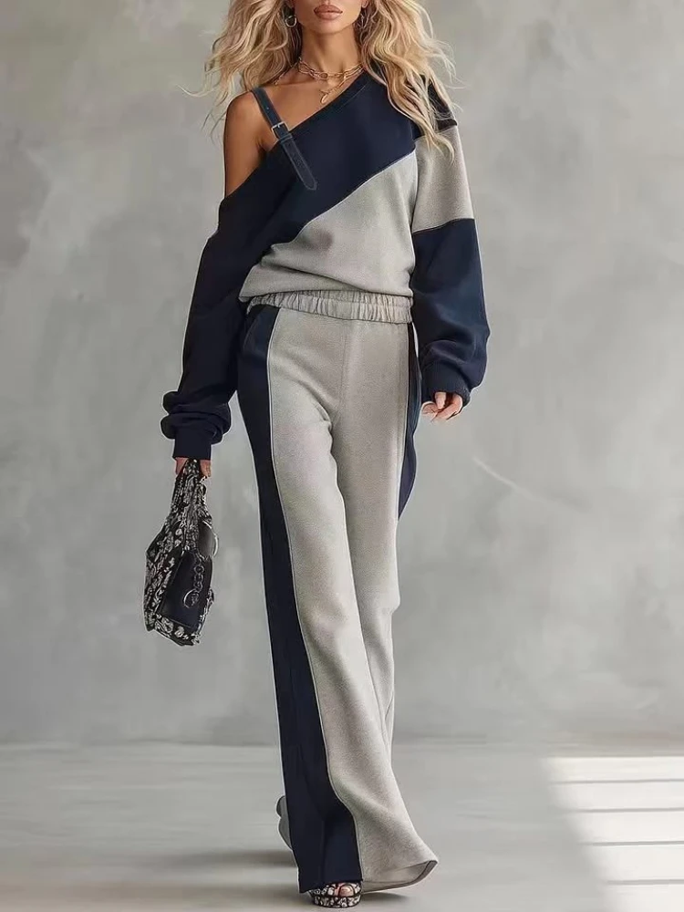 Women's Autumn Winter Two-piece Contrasting Off Shoulder Asymmetrical Top+casual Fashionable Wide Leg Pants Set