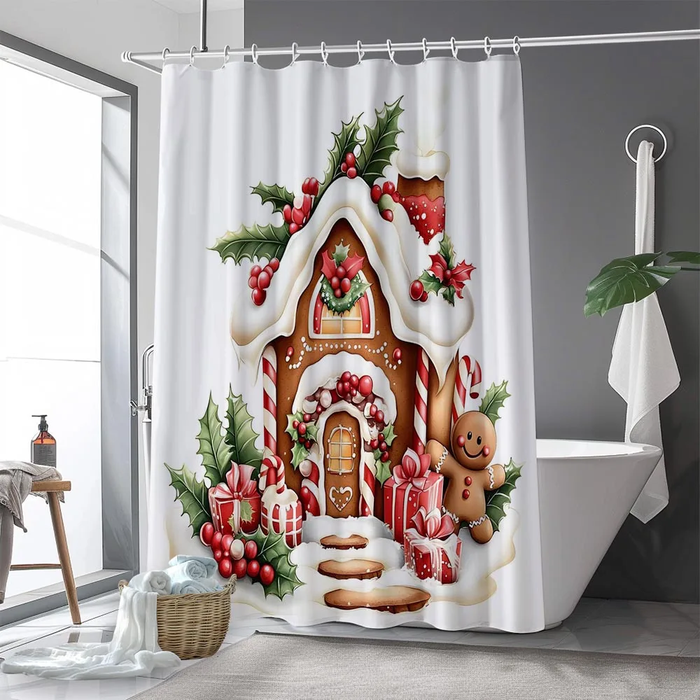 1pc Christmas Gingerbread Man Shower Curtain, With 12 Hooks, Housewarming Gift, Modern Home Bathroom Decor