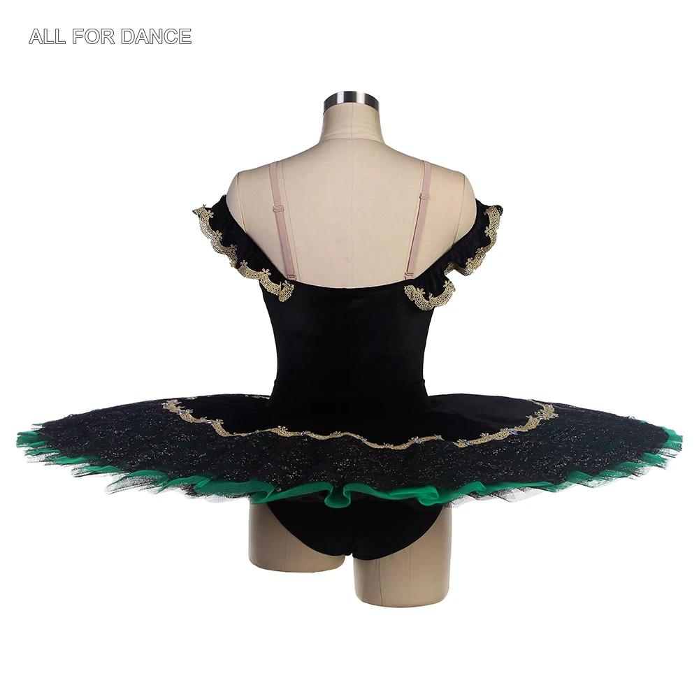 BLL551 Off-the-shoulder Black Velvet Bodice Pre-professional Ballet Tutu with Gold Trim Perforamcne Ballet Tutu Green Tulle Tutu