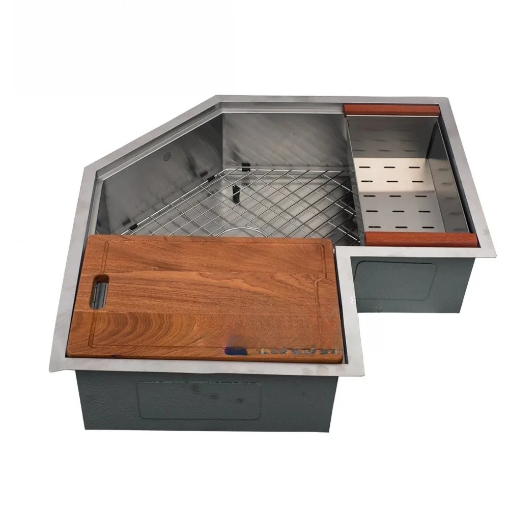 30 Inch Satin Brushed Corner Kitchen Sink Workstation Gold Finish 16 Gauge Stainless Steel Modern Installation Sink