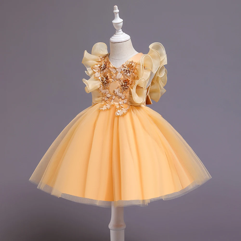 Yellow Girls Flying Sleeves Princess Dress Suitable for 2 to 10 years Sweet Sleeveless Casual Flower Girl Clothing Wear