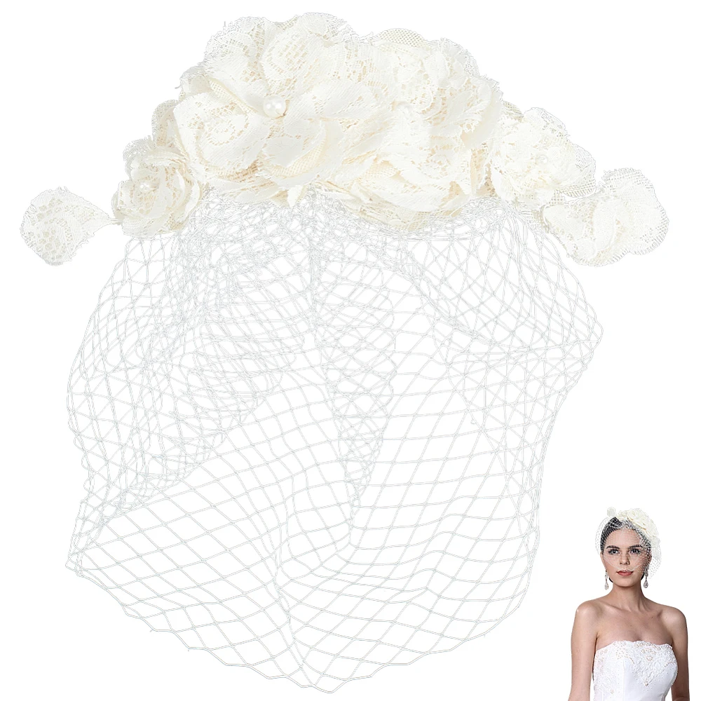 1920s Fascinator Beige Flower Pearl Mesh Veil Headband Vintage Elegant Floral Headpiece Fascinators with Hair Clips for Women