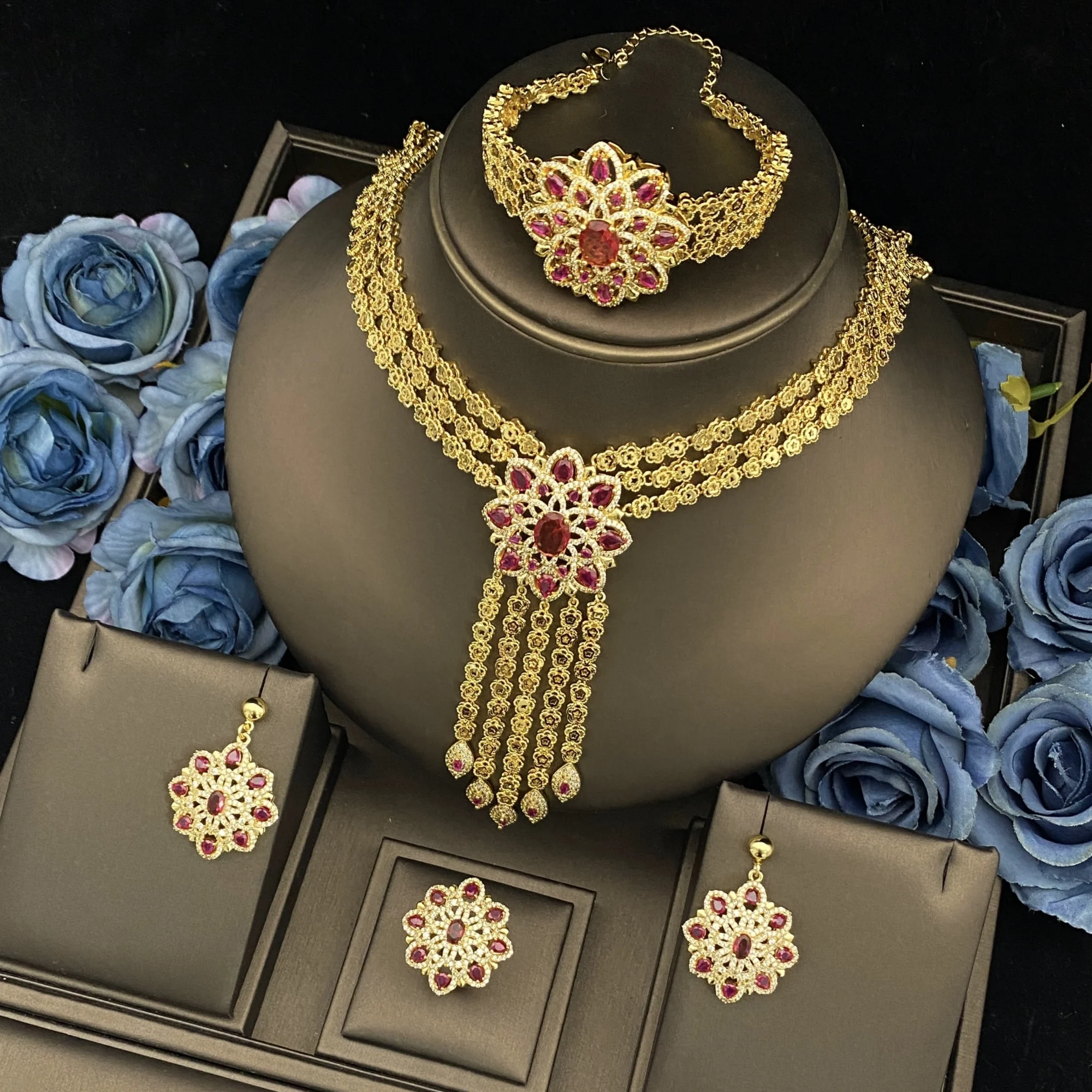 

JRH Gold Plated Women's Jewelry Set Necklace Earrings Rings Bangle Zirconia Jewelry Set Banquet Party Gift For Women