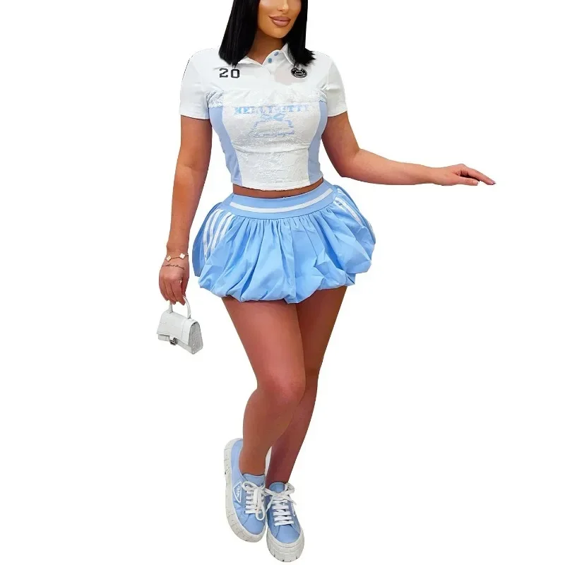 

Комплекты из 2 предметов Женские наряды Рубашки и мини-юбки с буквенным принтом для девочек Вечерняя одежда для вечеринок Клубная ткань Летние комплекты мини-юбок