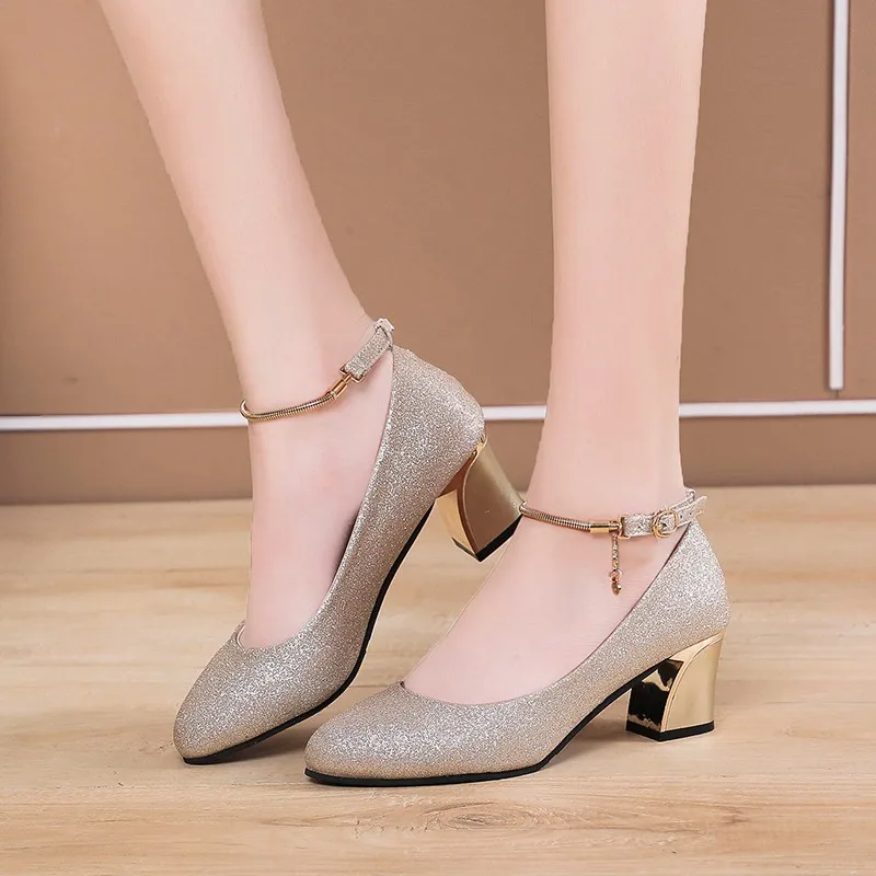 Women Wedding High Heel Shoes Silver Blue Spring Ankle Strap Crystal Shallow Chunky Block Heel Pumps Lady Plus Size