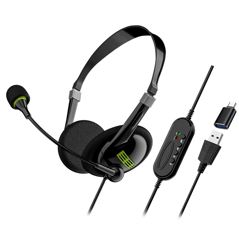 USB Computer Headset Business Operator Special Headset Wired Headset In-Line Control Headset With Typec Adapter, Durable