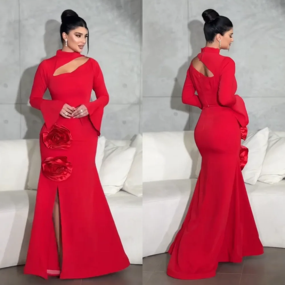 

Customized Elegant Jersey Pleat Handmade Flower Trumpet High Collar Long Dresses Bespoke Occasion Homecoming Matching