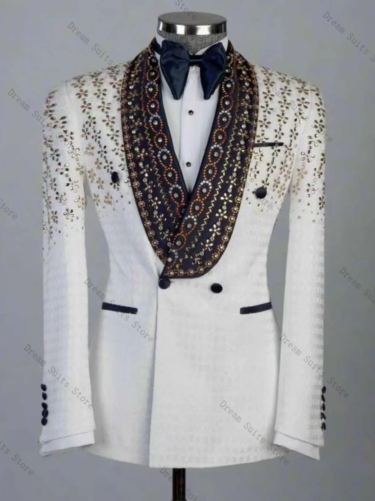 

White Men Suit Set 2 Piece Crystals Blazer+Black Pants Trousers Cotton Customized Formal Office Jacket Wedding Tuxedos Coat