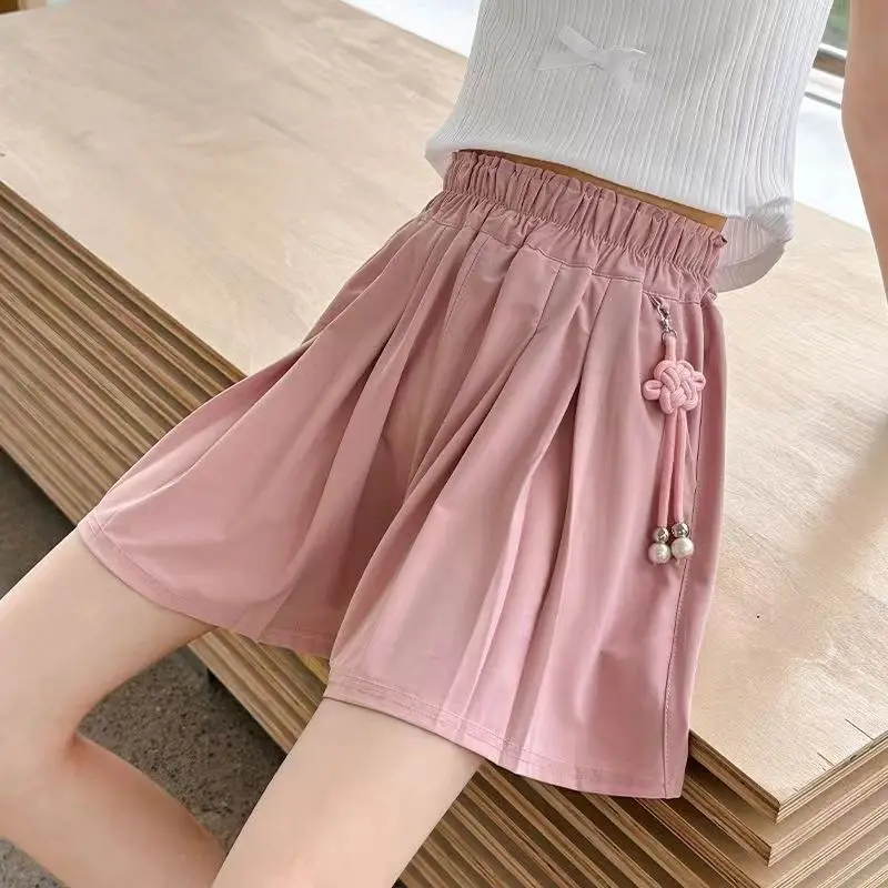 Kids Girls Cute Pleated Shorts 2025 New Children Summer Thin Whide Leg Pants Teenage Girls Pink Khaki Skirt Pants Chinese Style view 5