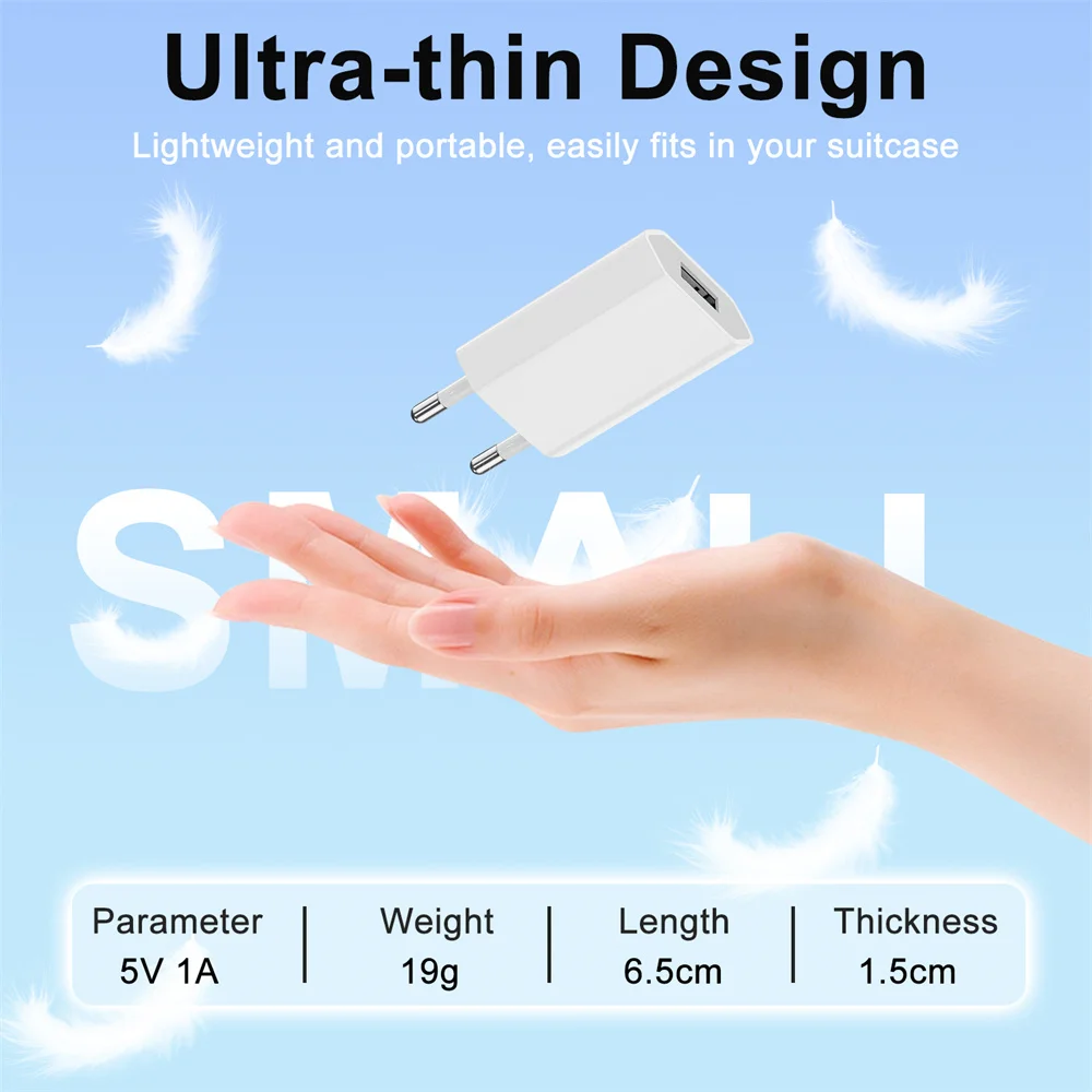 1-3Pcs Universal EU Plug 5V 1A USB Charger Fast Charging Mobile Phone Travel Wall Charger For iPhone 15 14 Samsung Xiaomi Huawei