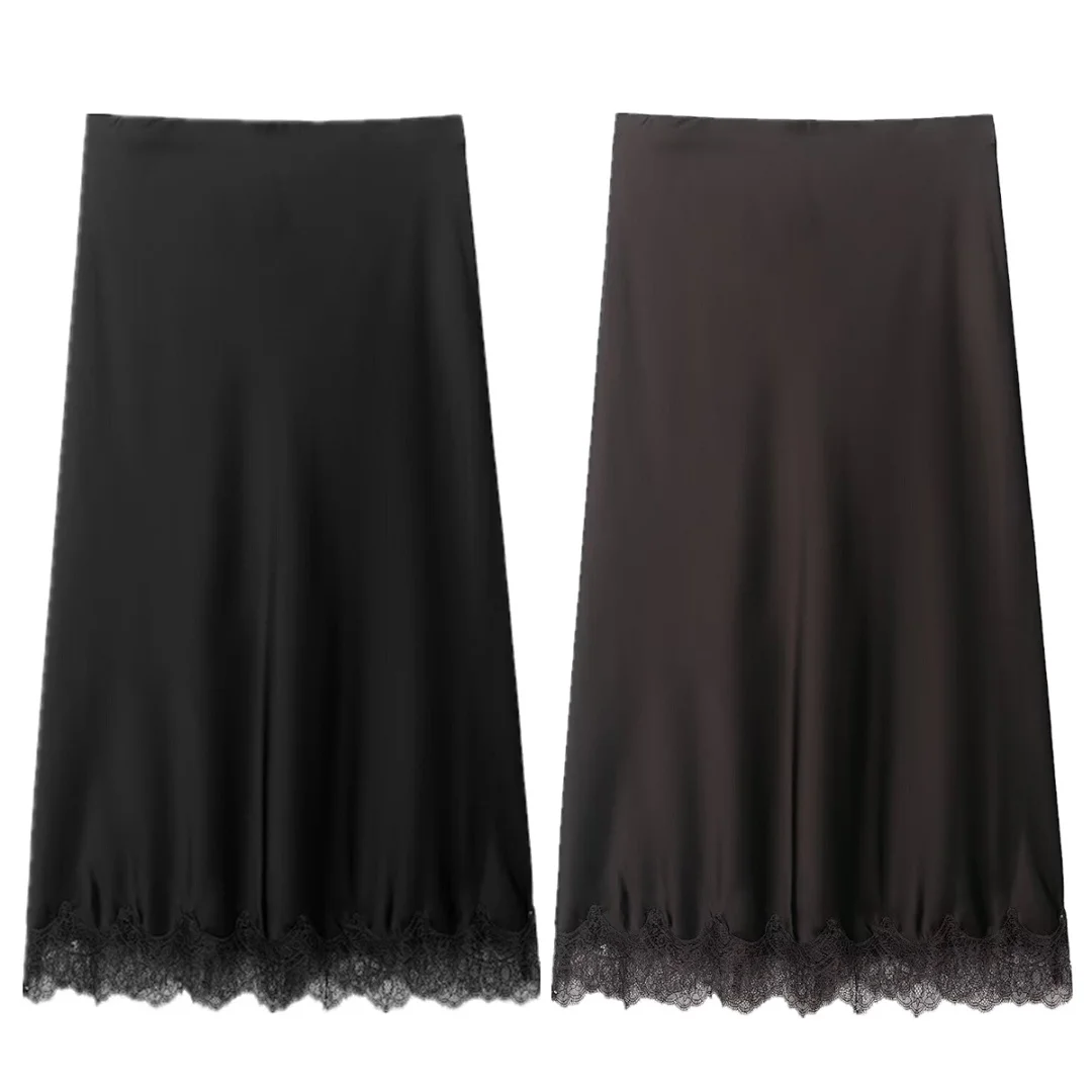 

Maxdutti 2026 Summer French minimalist satin skirt with elegant solid color lace patchwork MIDI Skirt Woman Clothing Faldas Skir