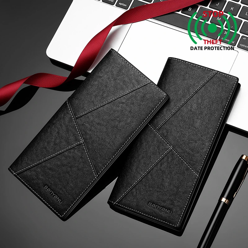 Men Genuine Leather Bifold Wallet European American Style Ultra Thin Large Capacity Soft RFID Blocking Multi‑functional Purse