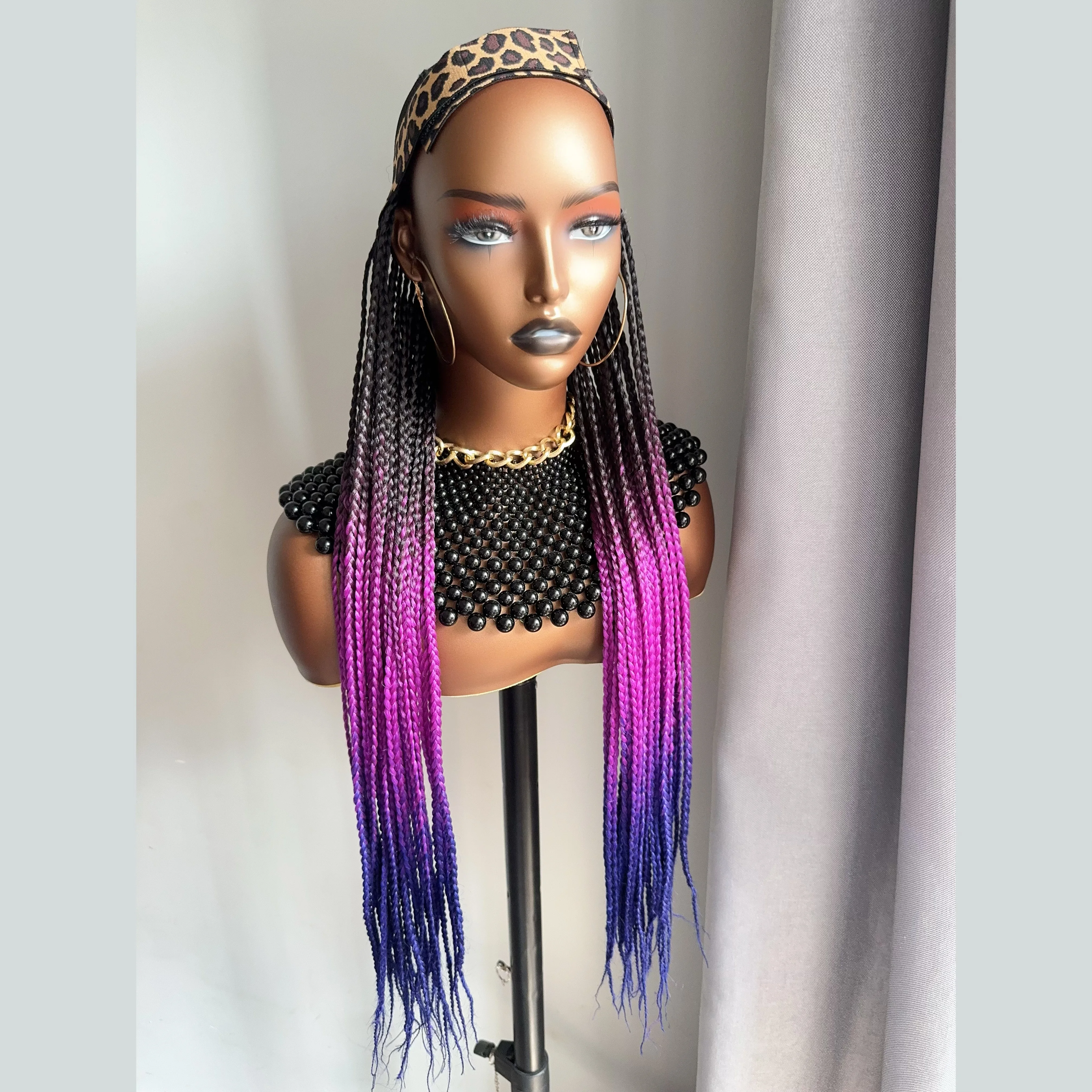 Long 24Inch Ombre Black Purple Lavender Box Braided Synthetic Head Wraps Headband With Turban Cap Braiding Hair Extensions Wigs