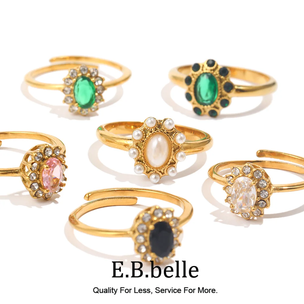 E.B.belle Oval Floral Shape Cubic Zirconia Green Black Clear Stone Rings For Party Adjustable Stainless Steel Rings For Women