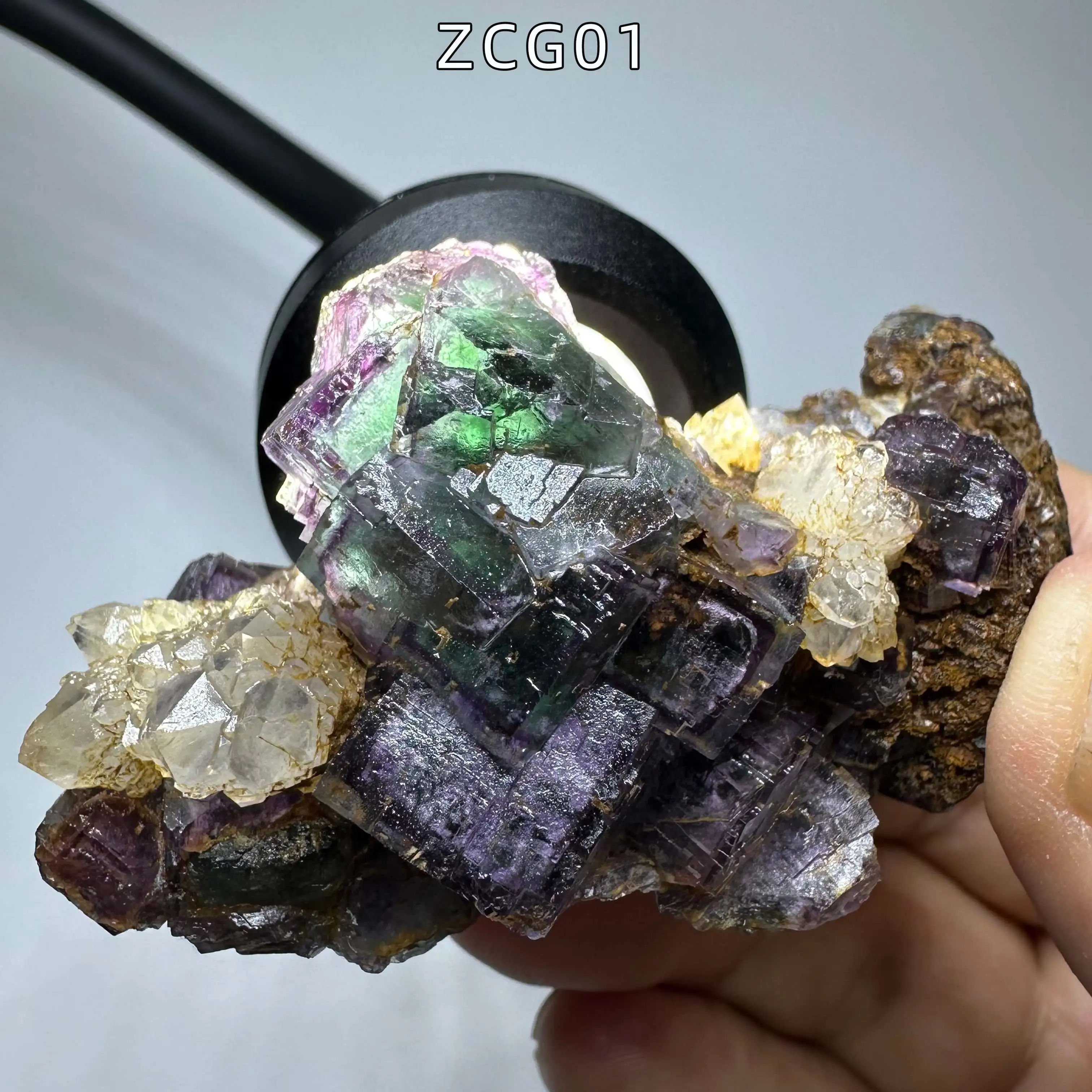 Natural Namibia Purple-framed fluorite encloses green and coexists with clusters of water crystals crystals Energy Crystal