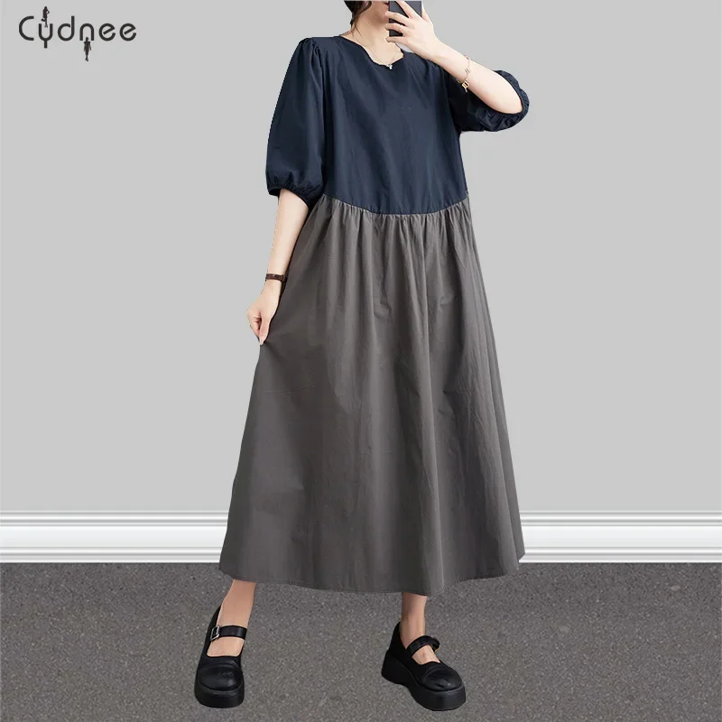 Half-Button Line Back Contrast Round Neck 3/4 Sleeves Relaxed A-Line Long Dress