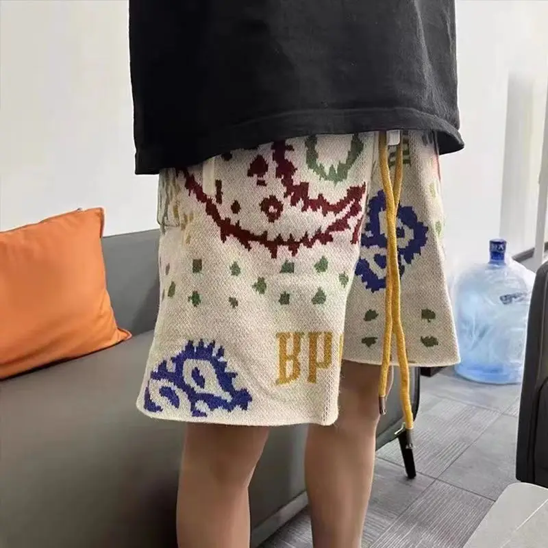 

Cashew Flower Knitted Shorts Men Women Drawstring Loose Five Quarter Pant Summer American Vintage High Street Casual Shorts