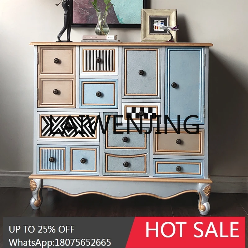RWJ Mediterranean Retro Distressed Paint Flower Multi-Grid Storage Cabinet
