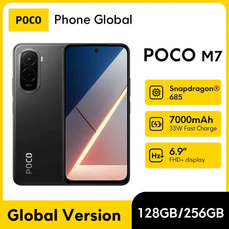 هاتف ذكي POCO M7 الإصدار العالمي بسعة 128 جيجابايت/256 جيجابايت بطارية سنابدراجون 685 7000 مللي أمبير في الساعة غامرة 6.9 بوصة FHD + شاشة 33 وات شحن 50 ميجابكسل NFC